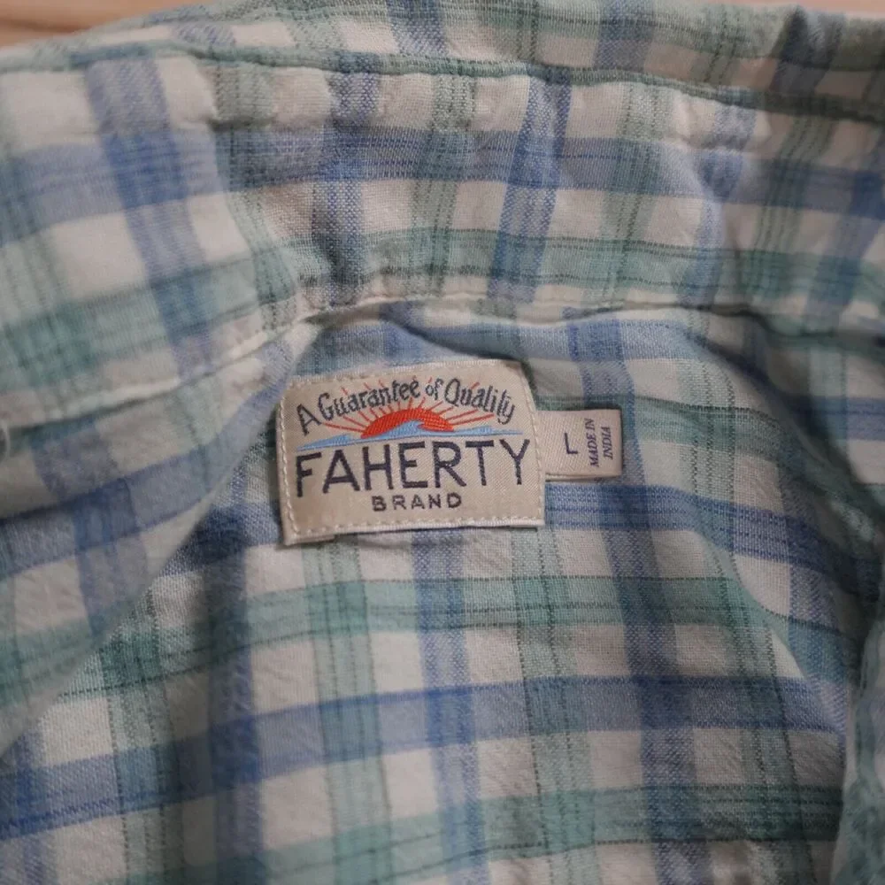 FAHERTY MEN L SHIRT‎ BUTTON DOWN COTTON NEWPORT CHECK BLUE GINGHAM LONG SLEEVE